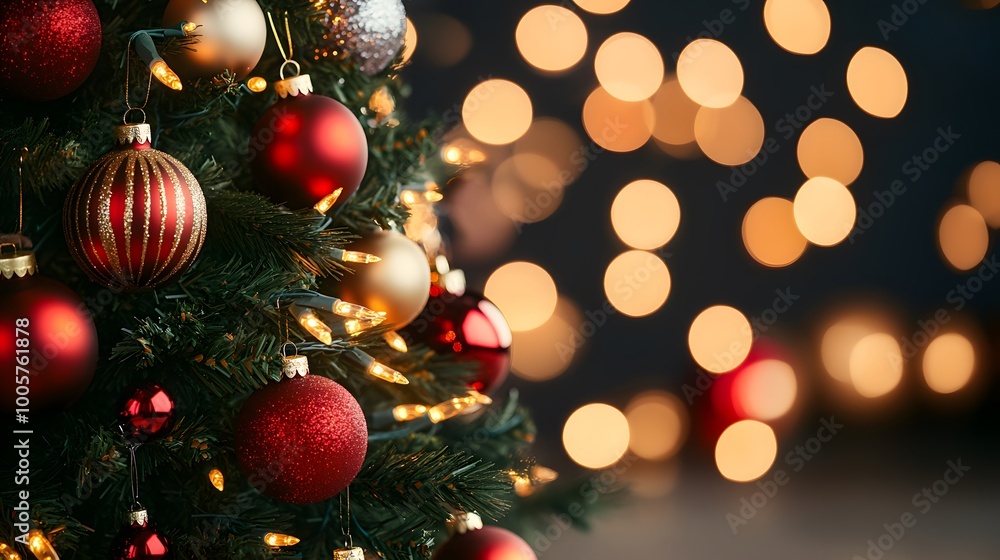 Christmas tree decorated with ornaments and soft bokeh light effects. Christmas tree decorated with ornaments and soft bokeh light effects.