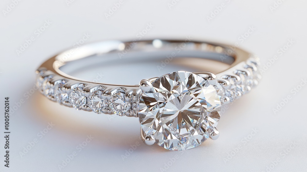 A macro shot of a diamond ring glimmering in the light, with intricate details of the band visible, set against a pristine white background to enhance its beauty. A macro shot of a diamond ring glimmering in the light, with intricate details of the band visible, set against a pristine white background to enhance its beauty.
