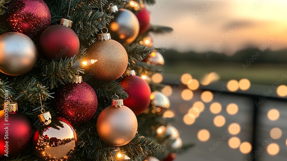 Decorated tree with baubles and glowing lights, perfect for holidays. Decorated tree with baubles and glowing lights, perfect for holidays.
