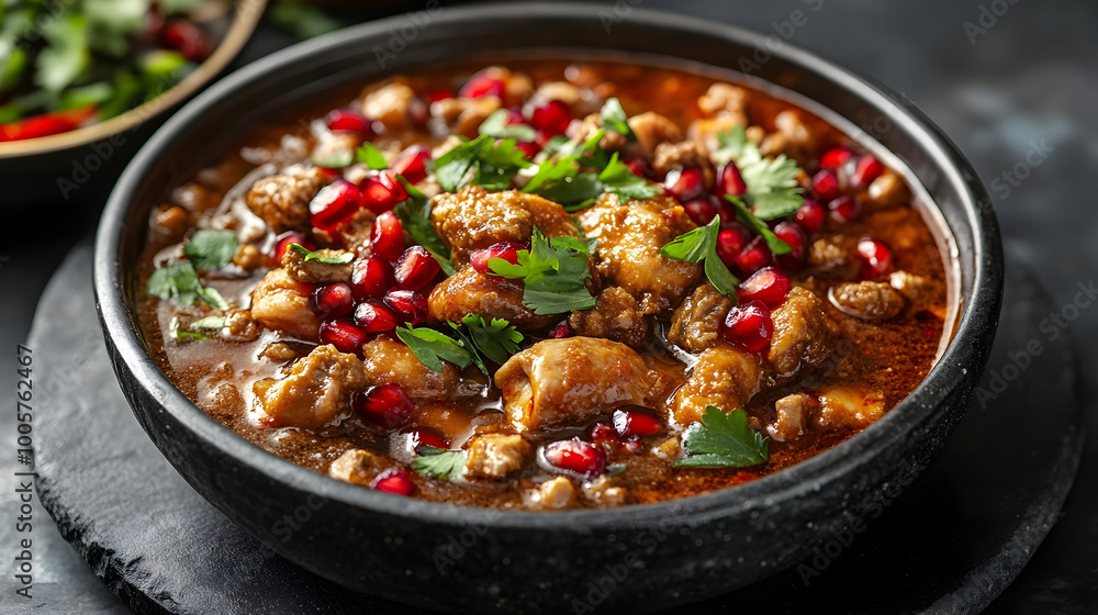 Delectable Persian Fesenjan Stew Adorned on Sleek Stone Plate Delectable Persian Fesenjan Stew Adorned on Sleek Stone Plate