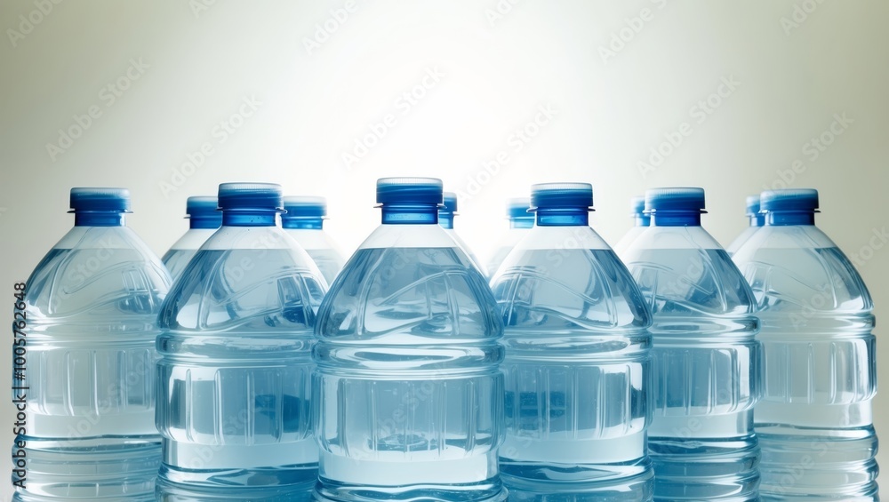 Bottled water rows glimmer softly, showcasing their clarity against a neutral background Bottled water rows glimmer softly, showcasing their clarity against a neutral background