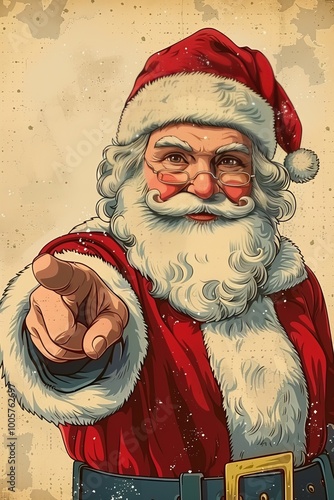 Vintage santa claus casting a spell with finger beside nose on white background illustration