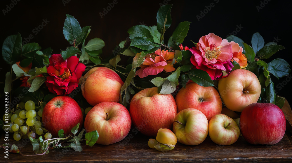 A table full of apples and grapes. The apples are red and green, and the grapes are purple. The table is set with a variety of fruits, creating a colorful and inviting display A table full of apples and grapes. The apples are red and green, and the grapes are purple. The table is set with a variety of fruits, creating a colorful and inviting display