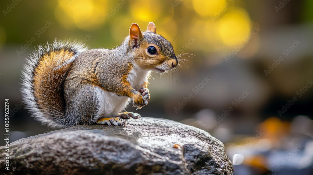 A squirrel is sitting on a rock, looking up at the camera. The image has a peaceful and calm mood, as the squirrel appears to be enjoying its surroundings A squirrel is sitting on a rock, looking up at the camera. The image has a peaceful and calm mood, as the squirrel appears to be enjoying its surroundings