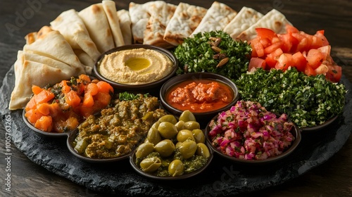 Elegant Mezze Platter with Assorted Mediterranean Appetizers and Dips on Sleek Stone Plate