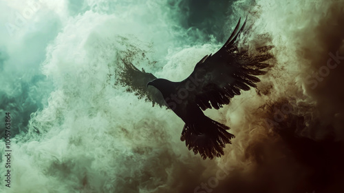 A black bird flying through a hazy, smoky sky. The bird is silhouetted against the smoke, giving it a sense of weight and power. Scene is dark and ominous, with the smoke