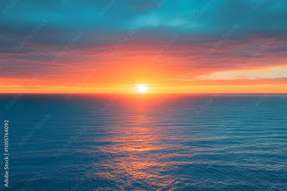 Obraz premium Breathtaking sunset scene overlooking the vast serene ocean the horizon ablaze with a spectrum of rich saturated colors creating a contemplative and soothing visual feast