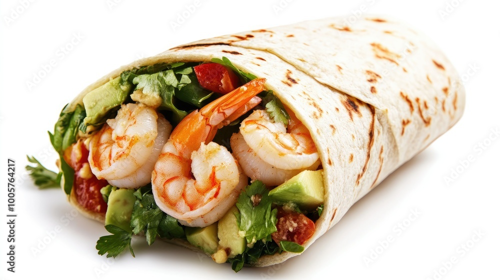A tasty shrimp wrap loaded with seafood, avocado, and fresh greens, beautifully presented on a white background to showcase its vibrant and flavorful ingredients. A tasty shrimp wrap loaded with seafood, avocado, and fresh greens, beautifully presented on a white background to showcase its vibrant and flavorful ingredients.