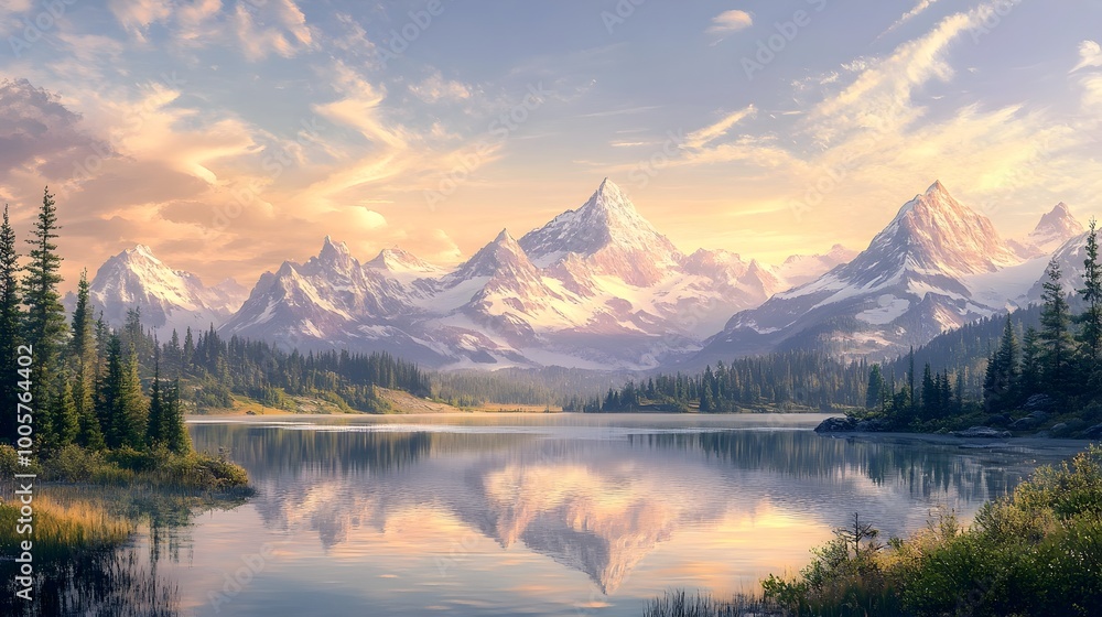 A peaceful pastel toned mountainscape with snow capped peaks and a tranquil lake where the majestic mountains are reflected on the still waters A peaceful pastel toned mountainscape with snow capped peaks and a tranquil lake where the majestic mountains are reflected on the still waters