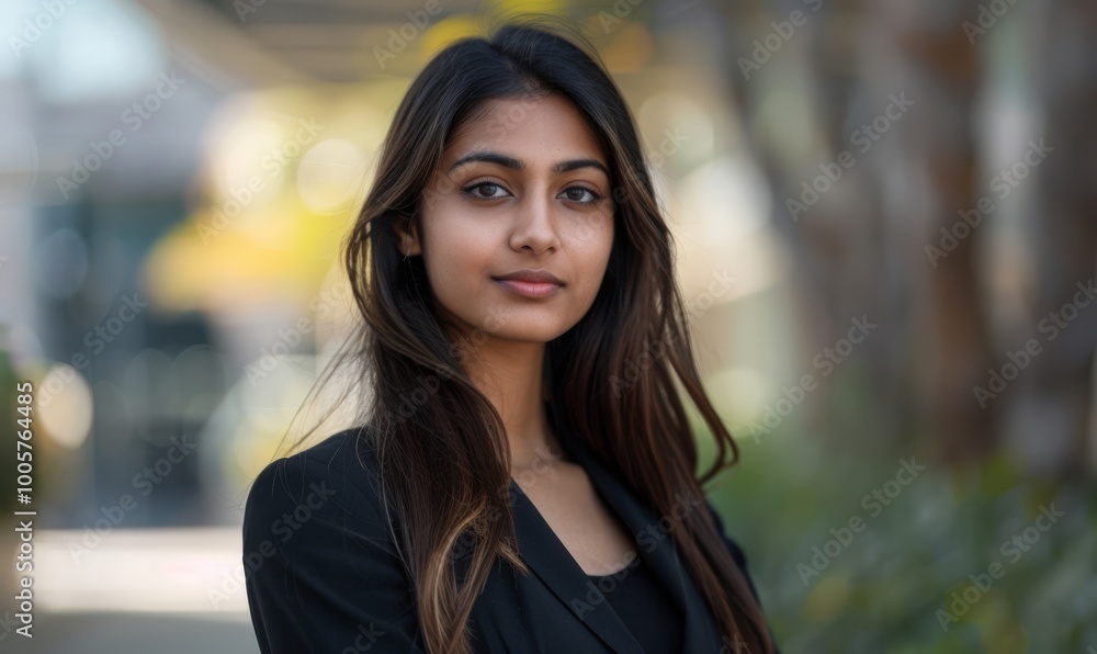 Young Indian business woman portrait on defocused office background Young Indian business woman portrait on defocused office background