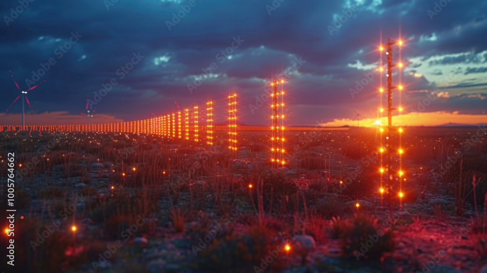 Obraz premium stunning landscape featuring glowing light poles in vast field at sunset, with wind turbines in background. scene evokes sense of tranquility and wonder