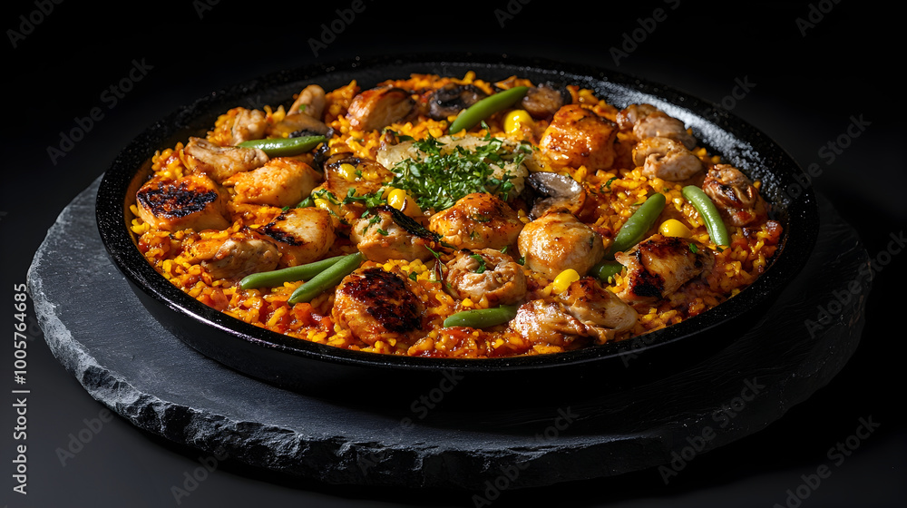 Authentic Valencian Paella with Saffron Chicken Rabbit and Green Beans Served on a Simple Black Stone Plate Authentic Valencian Paella with Saffron Chicken Rabbit and Green Beans Served on a Simple Black Stone Plate
