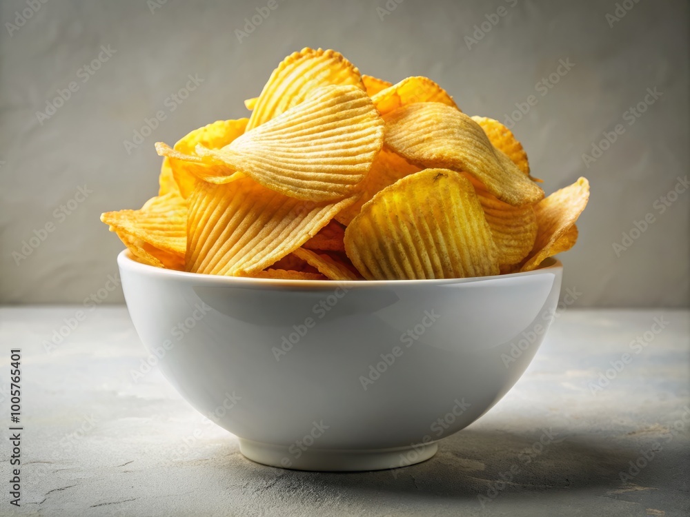 Golden potato chips displayed in a white bowl, set against a plain background. Ideal for sharing or indulging, Golden potato chips displayed in a white bowl, set against a plain background. Ideal for sharing or indulging,