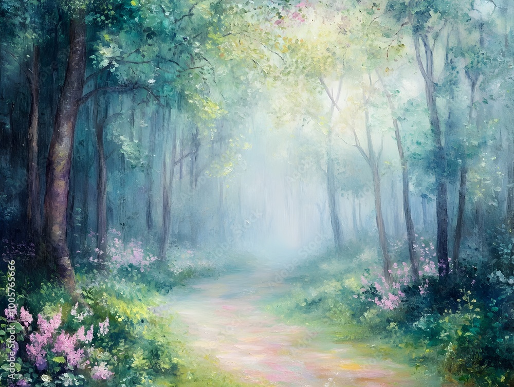 Fototapeta premium Enchanting fairytale inspired pastel forest clearing glade with mist shrouded ethereal atmosphere vibrant color palette and impressionist influence A touch of wonder and enchantment in a serene