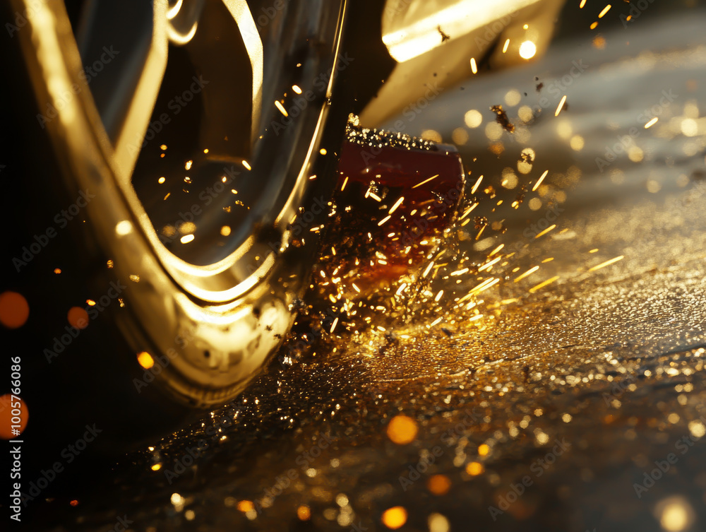 A tire is spinning and leaving a trail of sparks behind it. Concept of motion and energy, as well as the potential danger of driving at high speeds