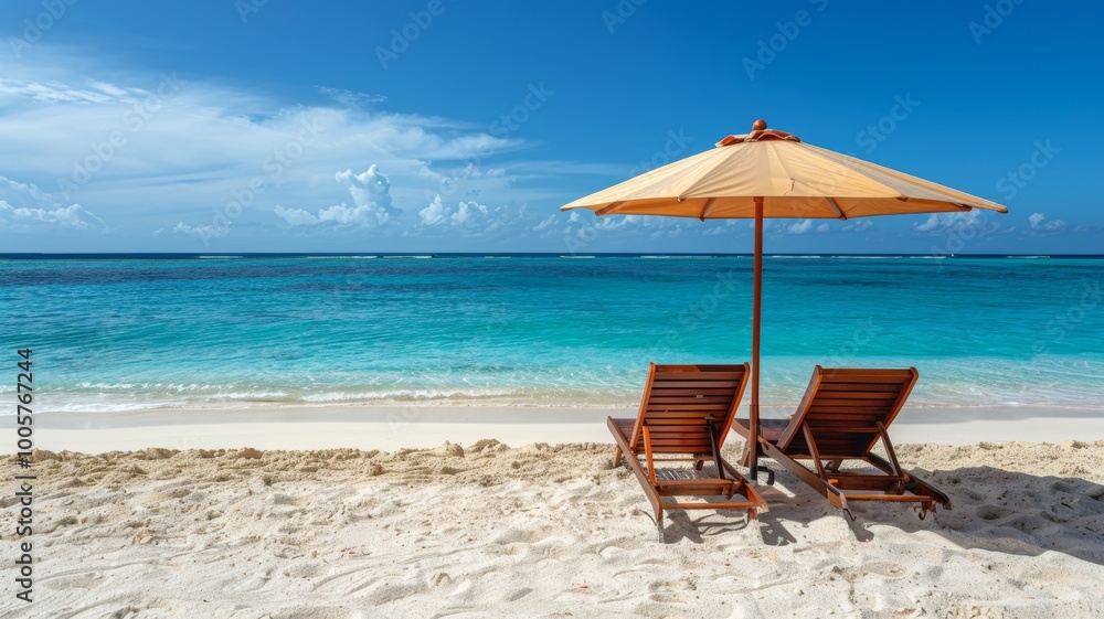 Two parasol umbrellas casting the shadow over the two wooden lounge chairs or easy chairs on an empty sunny sand beach near the blue ocean - ai Two parasol umbrellas casting the shadow over the two wooden lounge chairs or easy chairs on an empty sunny sand beach near the blue ocean - ai