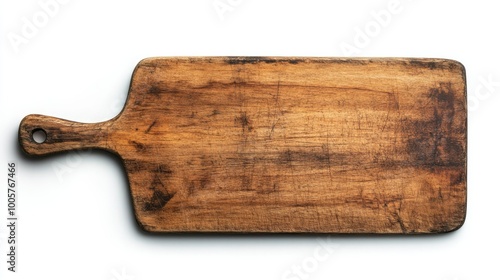 A wooden cutting board mockup with a rustic finish, isolated on a clean white background, ideal for showcasing culinary products or food styling.