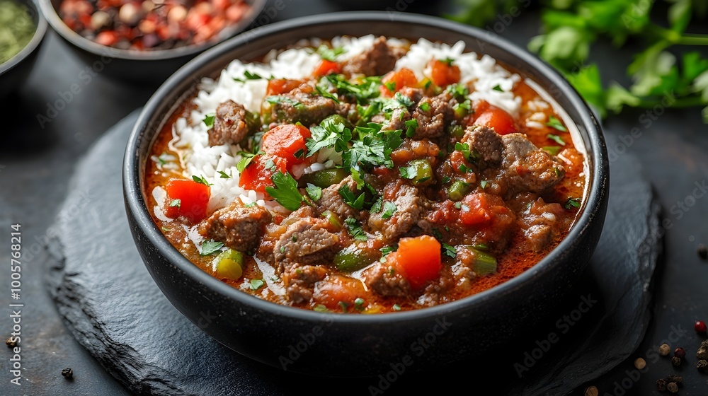 Slow Cooked Okra Stew with Lamb Tomatoes and Spices Served on an Elegant Black Stone Plate Slow Cooked Okra Stew with Lamb Tomatoes and Spices Served on an Elegant Black Stone Plate