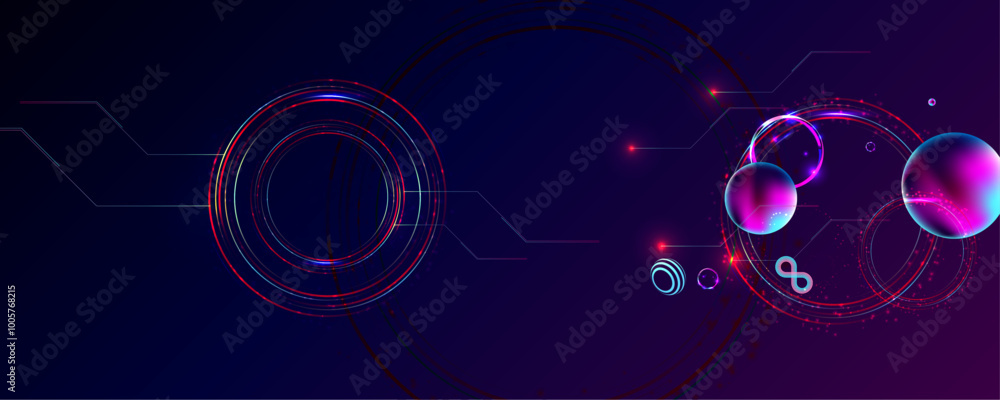 Obraz premium Dark retro futuristic cyberpunk elements abstraction background cosmos synthwave vaporwave retrowave glitch circle with blue and pink glows