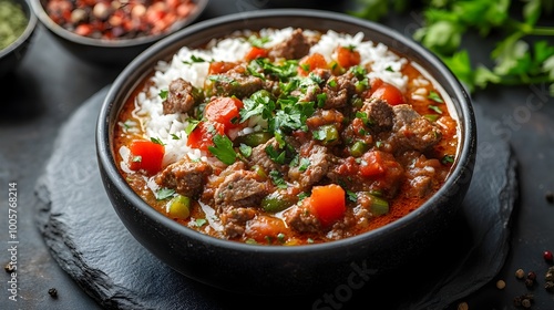 Slow Cooked Okra Stew with Lamb Tomatoes and Spices Served on an Elegant Black Stone Plate