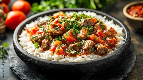 Slow cooked Okra Stew with Lamb Tomatoes and Spices Served on an Elegant Black Stone Plate