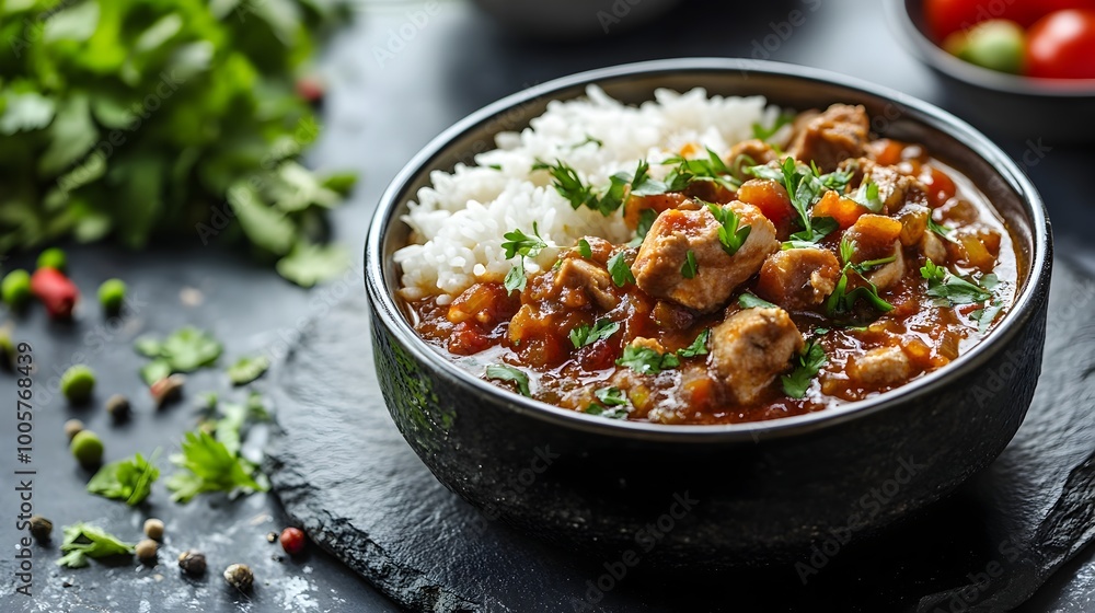 Delectable Mulukhiyah Stew with Chicken or Lamb Served Over Elegant Black Stone Plate Delectable Mulukhiyah Stew with Chicken or Lamb Served Over Elegant Black Stone Plate