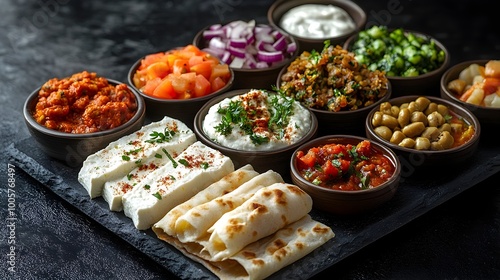 Gourmet Vegetarian Mezze Assortment on Elegant Black Stone Plate photo