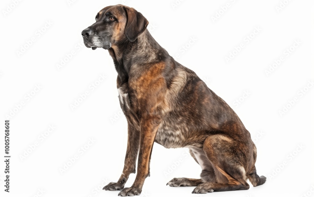 A majestic Bavarian Mountain Hound sitting with composure, its dignified stance and sharp gaze encapsulating the breed's regal bearing, isolated on white. A majestic Bavarian Mountain Hound sitting with composure, its dignified stance and sharp gaze encapsulating the breed's regal bearing, isolated on white.