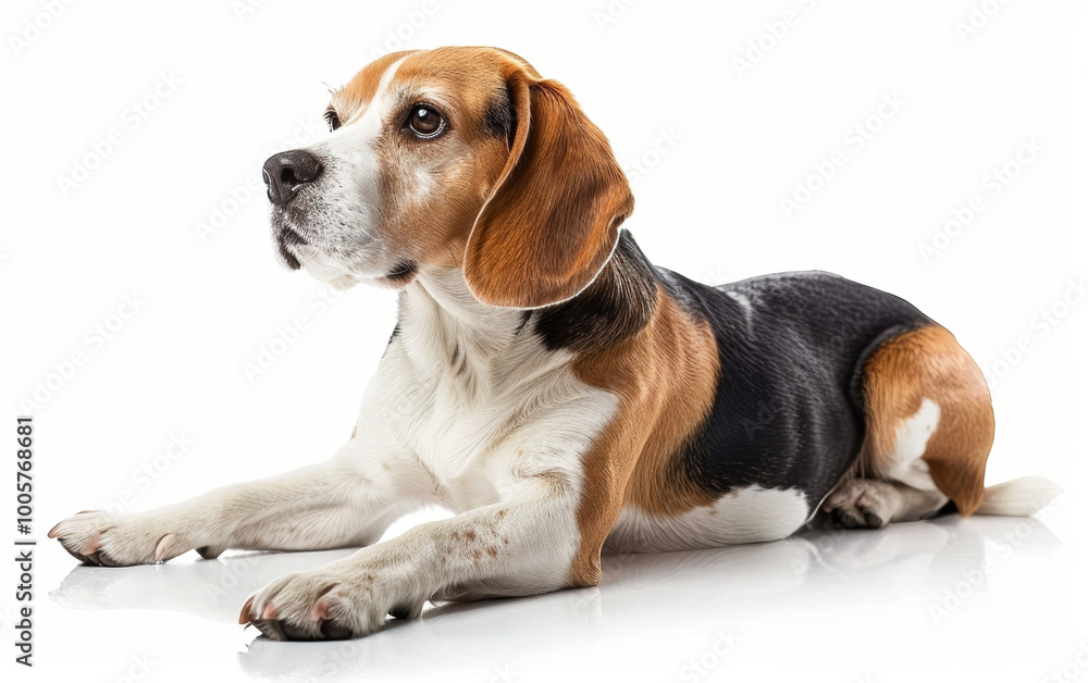 Capturing a moment of tranquility, this Beagle lies down attentively, its eyes full of expression and warmth. Capturing a moment of tranquility, this Beagle lies down attentively, its eyes full of expression and warmth.