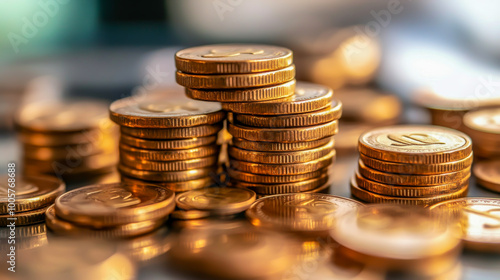 A pile of gold coins with the number 2 on the bottom. The coins are stacked on top of each other, creating a visually appealing and impressive display. Concept of wealth and prosperity