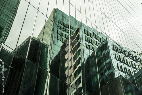 Reflections of modern urban architectural buildings overlap, featured on mirrored glass surfaces, creating a dynamic representation of city growth and complexity.