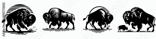 Series of stylized bison illustrations, showcasing their majestic presence with dynamic poses in a black and white artistic style. photo