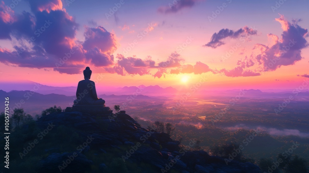 A panoramic view of a large Buddha statue silhouette standing majestically on a hilltop, overlooking a calm landscape during twilight, symbolizing peace and reflection A panoramic view of a large Buddha statue silhouette standing majestically on a hilltop, overlooking a calm landscape during twilight, symbolizing peace and reflection