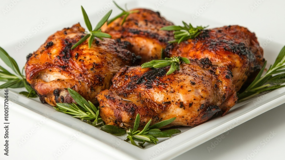 An appetizing plate of fire-roasted chicken thighs, garnished with fresh herbs and spices, set against a clean white background for a rustic appeal. An appetizing plate of fire-roasted chicken thighs, garnished with fresh herbs and spices, set against a clean white background for a rustic appeal.