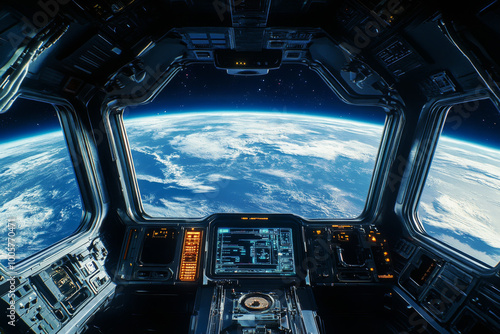 Fototapeta Naklejka Na Ścianę i Meble -  View of Earth planet from space station window with clouds and atmosphere against the backdrop of space