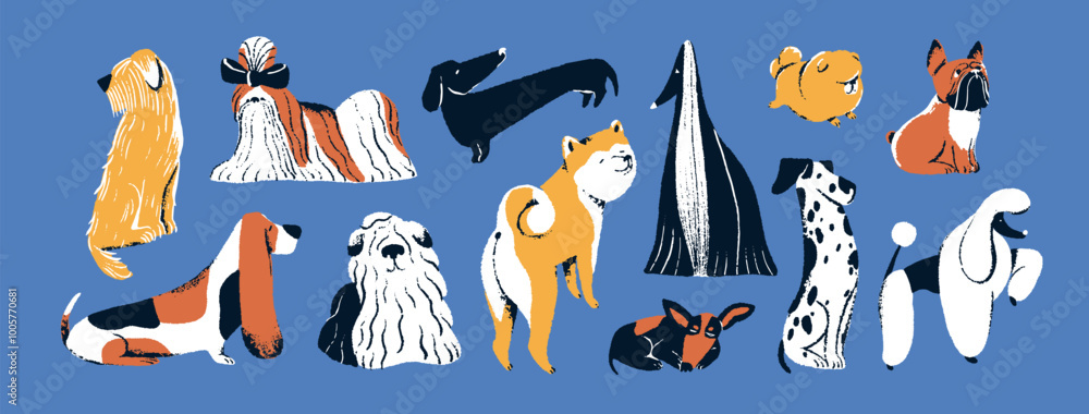 Stylized dogs set. Cute doggies: akita, basset hound, spitz, dalmatian. Funny puppies of poodle, dachshund, french bulldog. Pets of different canine breeds. Flat isolated drawing vector illustrations Stylized dogs set. Cute doggies: akita, basset hound, spitz, dalmatian. Funny puppies of poodle, dachshund, french bulldog. Pets of different canine breeds. Flat isolated drawing vector illustrations