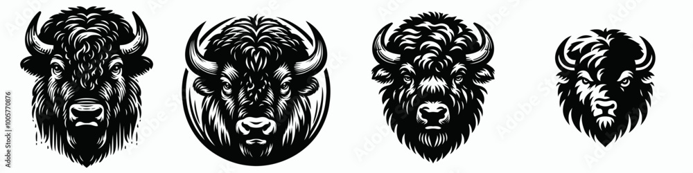 A series of stylized bison heads, showcasing intricate line designs and diverse expressions, emphasizing strength and character. A series of stylized bison heads, showcasing intricate line designs and diverse expressions, emphasizing strength and character.