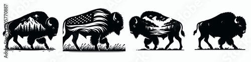 Four stylized bison figures, each with distinct patterns, including an American flag motif, showcasing artistic variations of a significant animal.