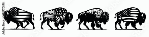 Four bison silhouettes feature American flag patterns, symbolizing strength, heritage, and patriotism in a striking and artistic manner.