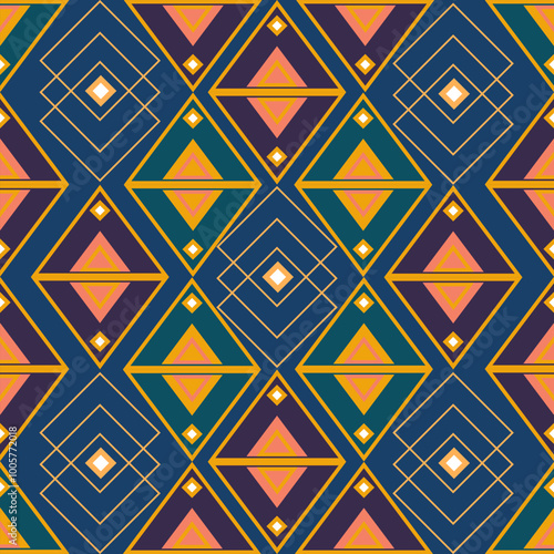 a seamless pattern with orange shapes, blue and yellow, geometric pattern, ethics