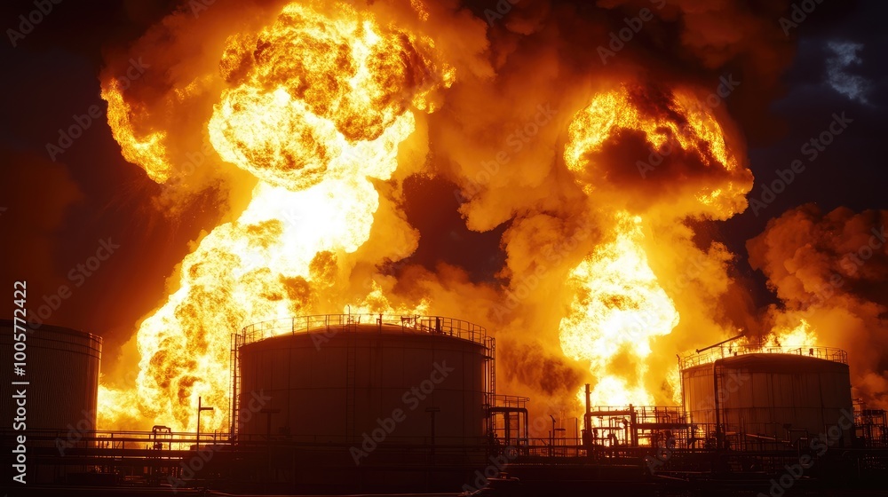 Intense Fire Engulfing Industrial Oil Storage Facility At Night Intense Fire Engulfing Industrial Oil Storage Facility At Night