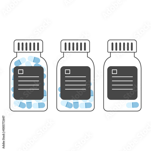 Outlined vector medical bottles containing blue capsules in different quantities