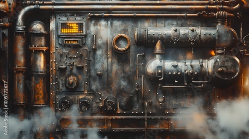 Rusted industrial metal background with riveted pipes steam vents and whirring machinery rendered in a gritty high contrast style with moody atmospheric lighting photo