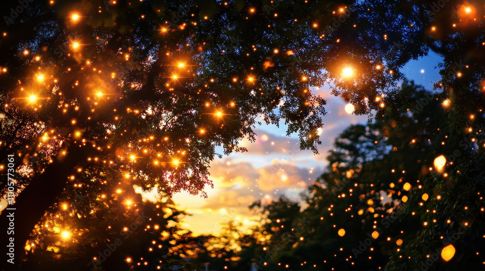 Fototapeta premium beautiful sunset scene framed by trees, with glowing lights resembling fireflies creating magical atmosphere. warm colors of sky enhance enchanting view