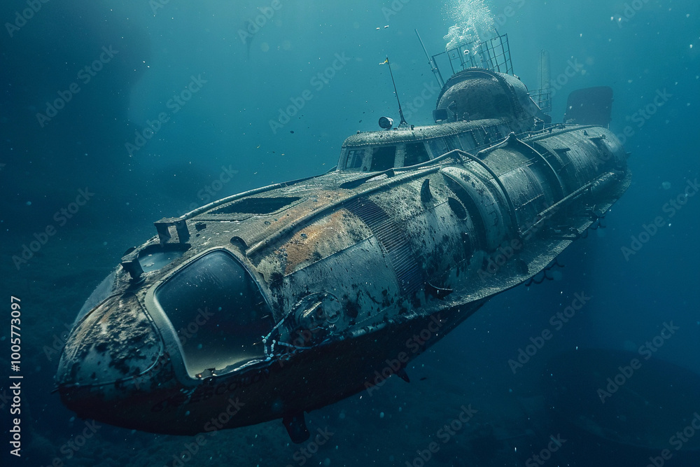 Beautiful large bathyscaphe floating in middle of ocean during exploration Beautiful large bathyscaphe floating in middle of ocean during exploration
