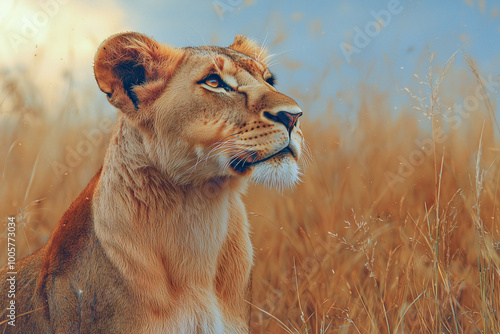 A majestic lioness, her golden mane swaying in the wind, stands tall in the vast savannah