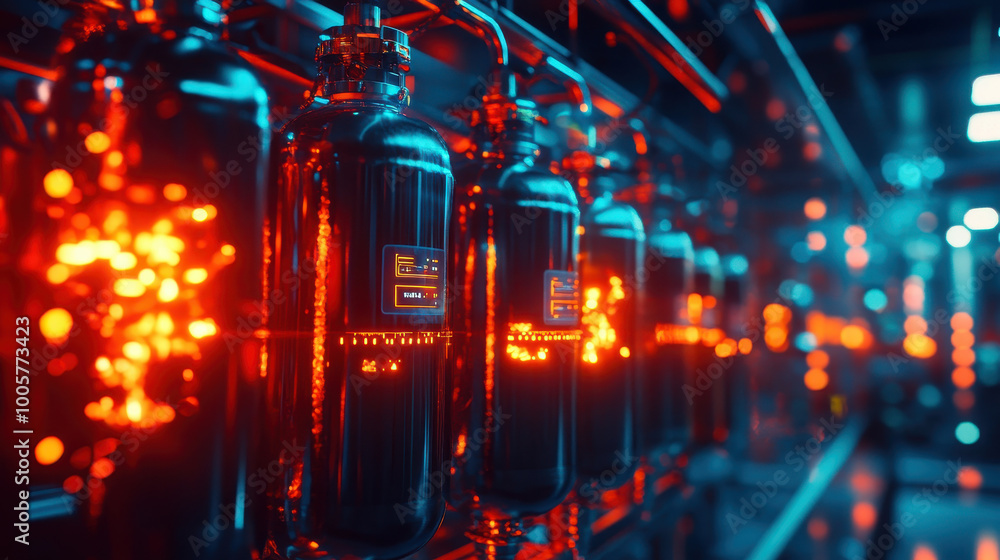 Futuristic gas cylinders illuminated by vibrant red and blue lights create striking industrial scene. glowing elements evoke sense of advanced technology and innovation Futuristic gas cylinders illuminated by vibrant red and blue lights create striking industrial scene. glowing elements evoke sense of advanced technology and innovation