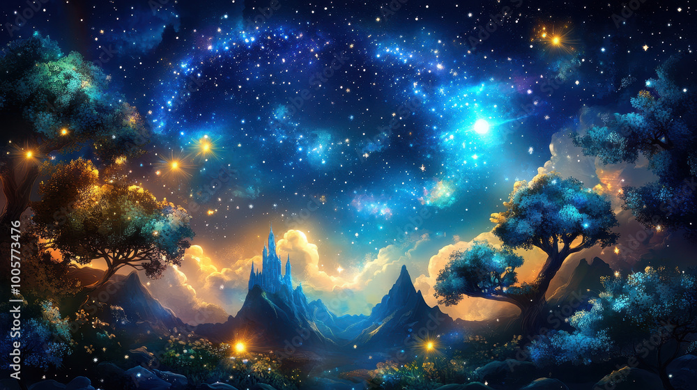 breathtaking cosmic landscape featuring starry night sky filled with vibrant colors and twinkling stars. scene includes majestic mountains and luminous trees, creating magical atmosphere breathtaking cosmic landscape featuring starry night sky filled with vibrant colors and twinkling stars. scene includes majestic mountains and luminous trees, creating magical atmosphere