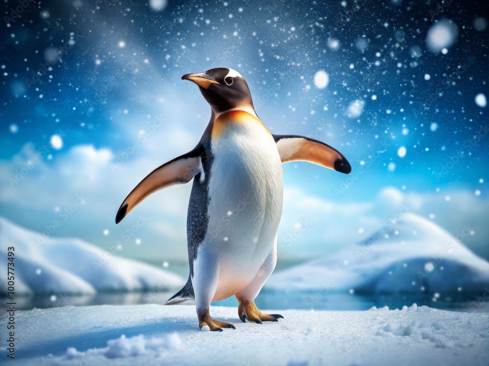 Fototapeta premium In a snowy wonderland, a playful penguin joyfully dances and waves its flippers, surrounded by shimmering snow and
