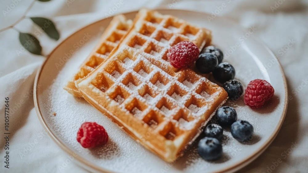 A plate of crispy waffles dusted with powdered sugar, garnished with blueberries and raspberries, beautifully arranged against a bright white backdrop. A plate of crispy waffles dusted with powdered sugar, garnished with blueberries and raspberries, beautifully arranged against a bright white backdrop.